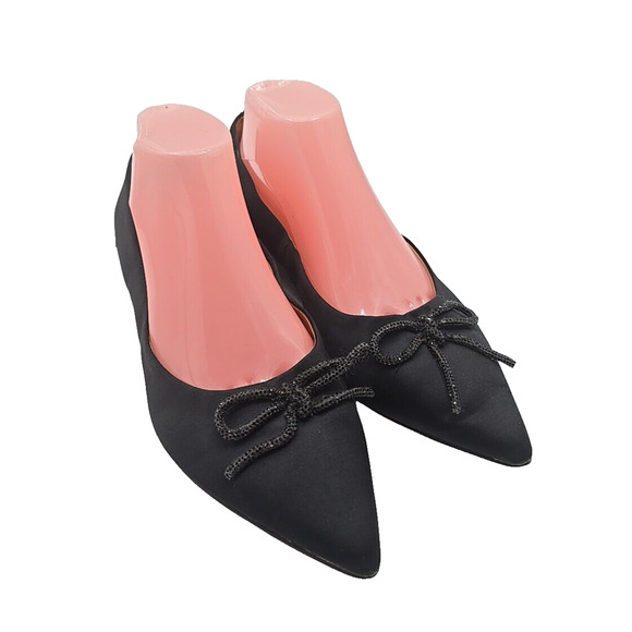 J. Crew BL562 Black Satin Bow Pointed Toe Slip On Ballet Flats Womans Size 9 - Picture 1 of 7